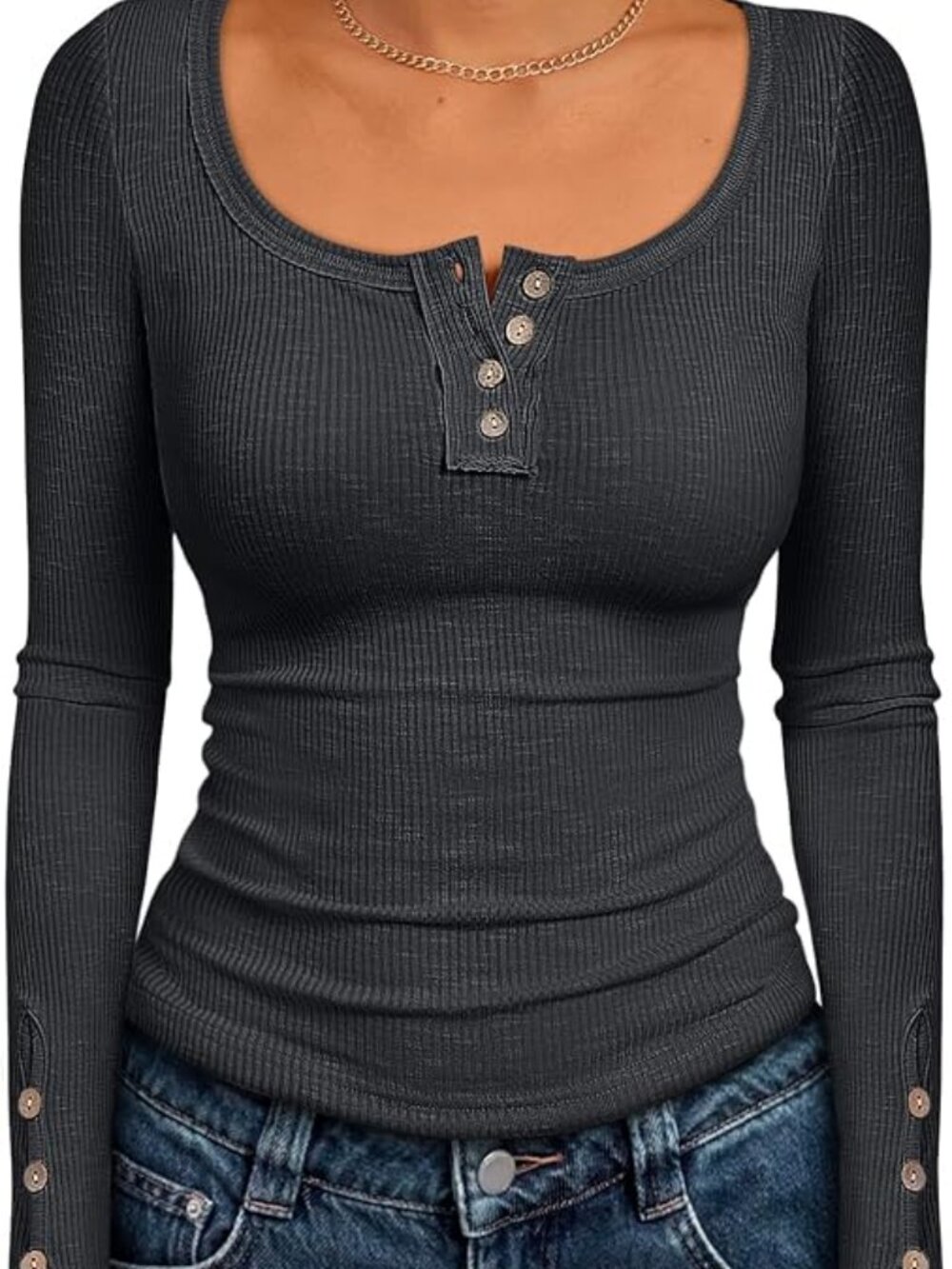 Kissfix Women’s Black Ribbed Henley Long Sleeve Top Size M - Picture 3 of 6